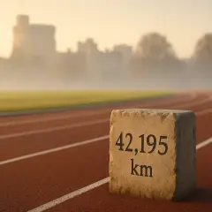Pierre gravée "42,195 km" sur une piste de course au lever du soleil, avec un château brumeux en arrière-plan.