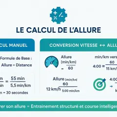Infographie expliquant le calcul de l'allure de course à pied avec des exemples de calcul manuel et de conversion vitesse/allure.