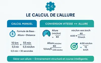 Infographie expliquant le calcul de l'allure de course à pied avec des exemples de calcul manuel et de conversion vitesse/allure.