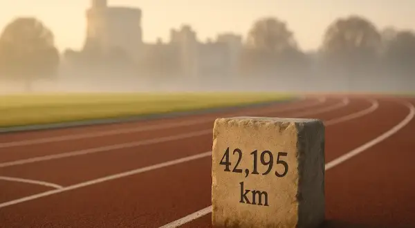 Pierre gravée "42,195 km" sur une piste de course au lever du soleil, avec un château brumeux en arrière-plan.