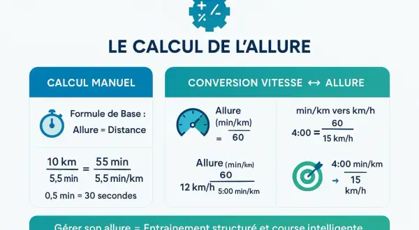 Infographie expliquant le calcul de l'allure de course à pied avec des exemples de calcul manuel et de conversion vitesse/allure.