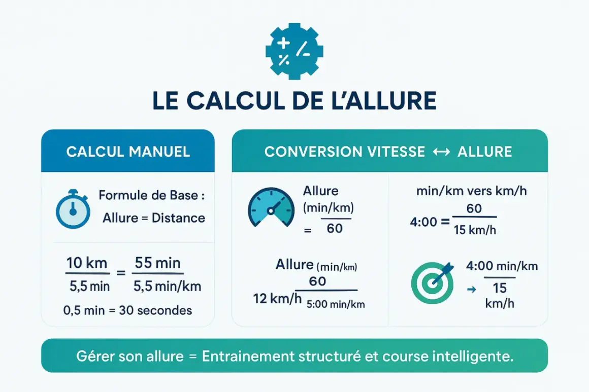 Infographie expliquant le calcul de l'allure de course à pied avec des exemples de calcul manuel et de conversion vitesse/allure.